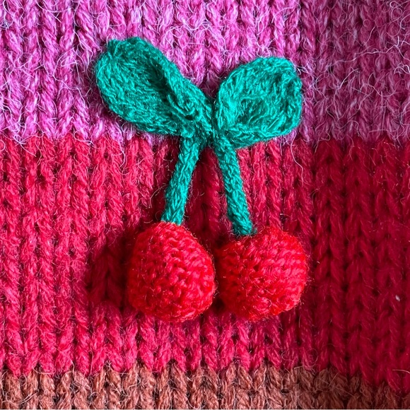 Farm Rio Colorful Stripe 3D Cherry Crochet Wool Blend Sweater NWT Small - Picture 11 of 16